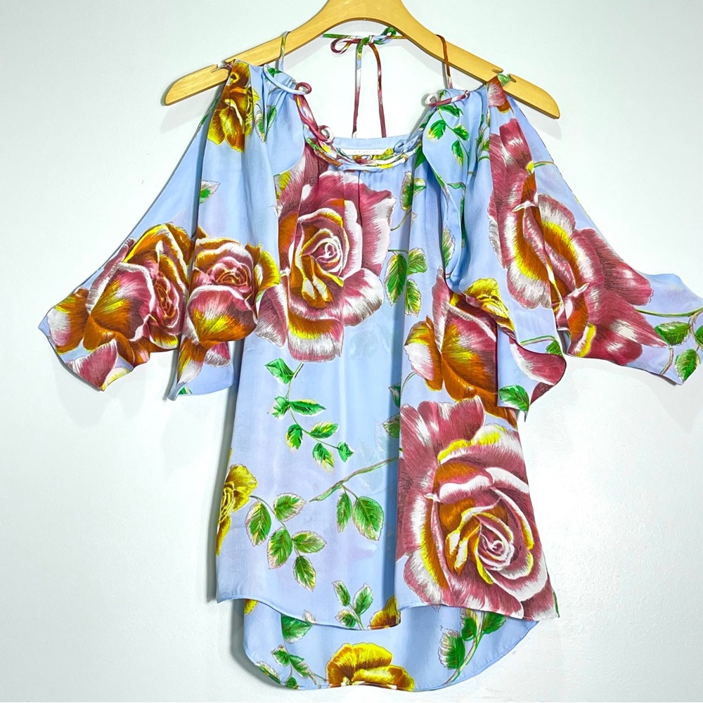 ANTHROPOLOGIE LEIFSDOTTIR 100% Silk Floral Blouse Blue Mauve Split Sleeve Size 2